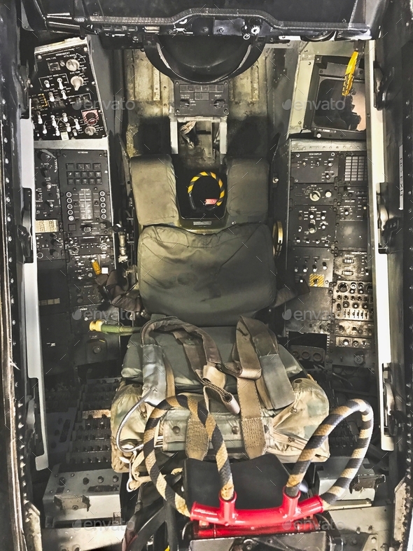 The Cockpit Looking down into the cockpit of a Navy fighter jet on the ...