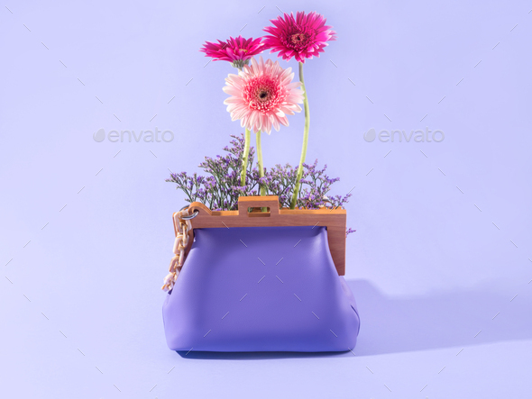 Purple fashion lady handbag clutch with pink flowers