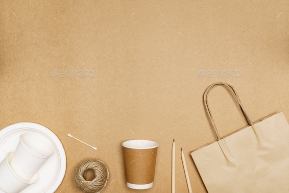 Eco friendly concept, Food container with paper cup and paper bag pencil cotton buds with jute rope.