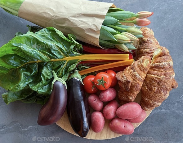 Farmer’s Market Haul - tulips & croissants  - Stock Photo - Images