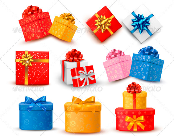 Set of Colorful Gift Boxes with Bows and Ribbons - Seasons/Holidays Conceptual