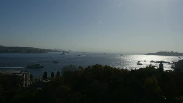 Timelapse. Panoramic Aerial View of Seascape of Bosphorus With Shipping Traffic