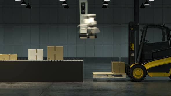 Modern, advanced, robot arm loading and stacking cargo boxes onto a forklift. 4K