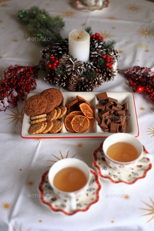 Christmas tea party. Tea ceremony. Food Stock Photo by nadzeyakolabava