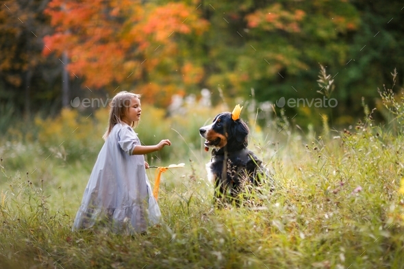 child with magic stick and Dog in crown in park, magic and fantastic childhood, play with dog