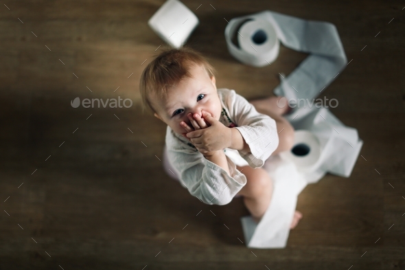 child on pot with a lot of rolls toilet paper, top view, concept of teaching pot