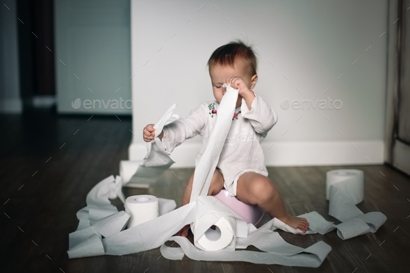 Baby Child Pissing And Splits Many Rolls of Toilet Paper, Toddler tears toilet paper