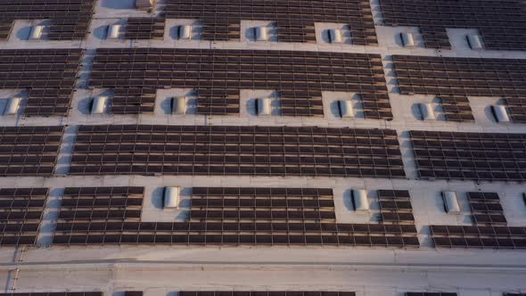 Aerial shot of solar panels covers the roof of a large building alt