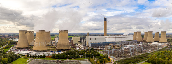 Panorama of a coal fired power station generating non renewable electricity and pollution emissions