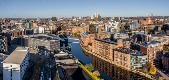 Aerial Panorama view of Leeds cityscape with waterfront properties and business district