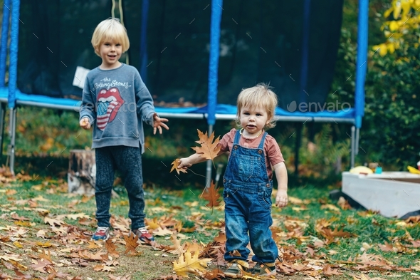 children fooling around in the backyard garden picking up leaves and throwing them up
