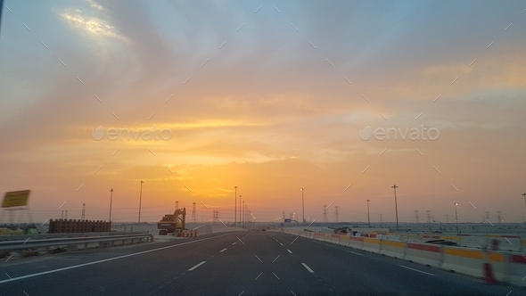 Beautiful sunset on a highway, golden hour, empty road, empty highway, sky, orange sky
