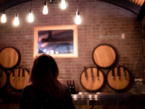 Moody shadow light rustic brewery bar restaurant kegs barrels woman from behind sitting lonely