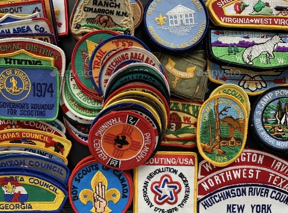 Overhead of Boy Scouts of America or the now called Scouts BSA merit badges patches assortment.