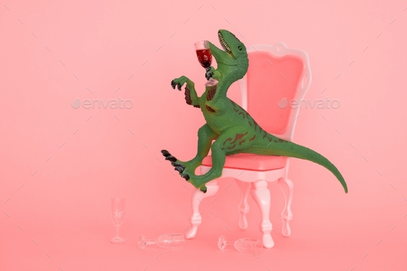 creative minimal poster with drunk dinosaur holding glass of wine and sitting on a chair