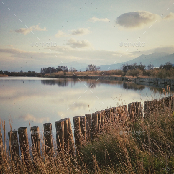 Calm scenery with fences around a great pond reflecting the sky - Stock Photo - Images