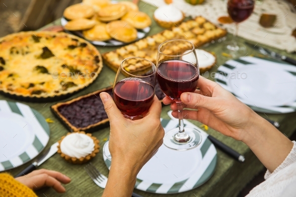 Autumn brunch with pies and wine. Women clink glasses. Concept of a beautiful backyard dinner.