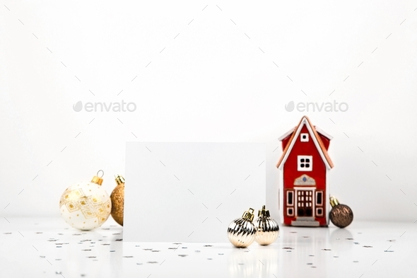 Christmas postcard mock up on white background with Christmas decorations