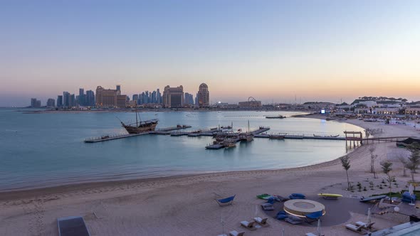 View From Katara Beach Day to Night Timelapse in Doha Qatar Towards the West Bay and City Center alt