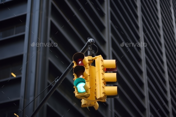 Yellow Traffic Light on background of skyscrapers, Manhattan, New York, USA. Green stop signal. - Stock Photo - Images