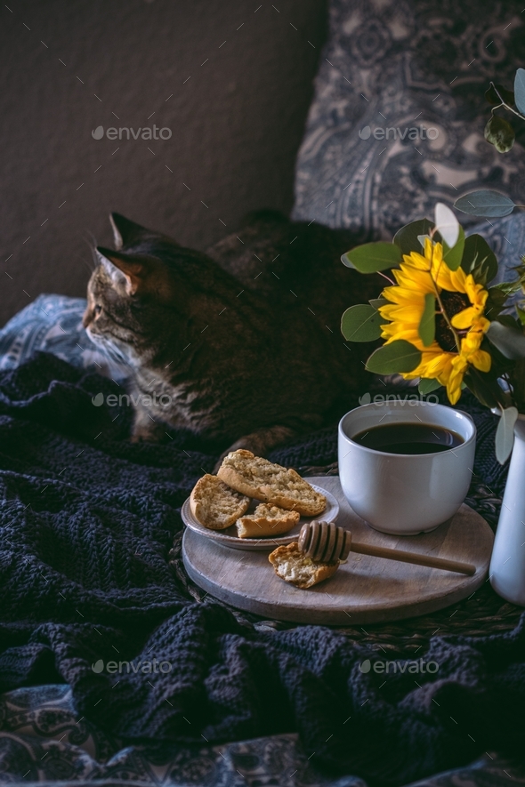 Breakfast in bed. Black coffee and biscotti breakfast time. Cozy bed