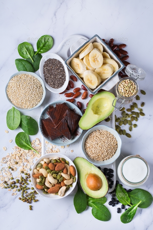 Food rich in magnesium, healthy eating and dieting Stock Photo by