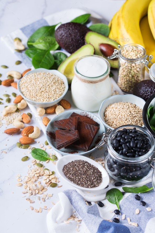 Food rich in magnesium, healthy eating and dieting Stock Photo by