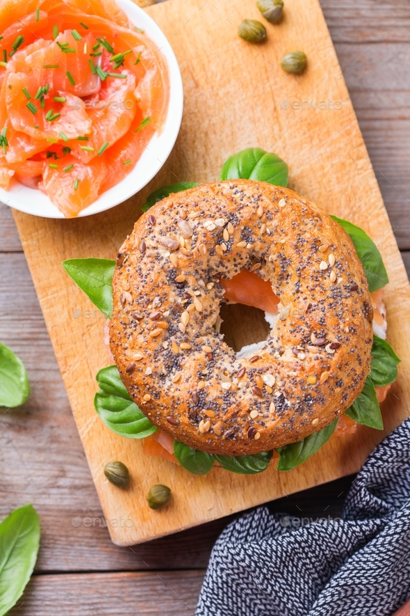 Bagels with cream cheese and salmon. Plating, fast lunch, meal. Stock