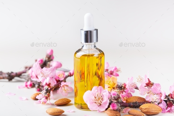 Almond essential oil in a bottles with spring blossom branches