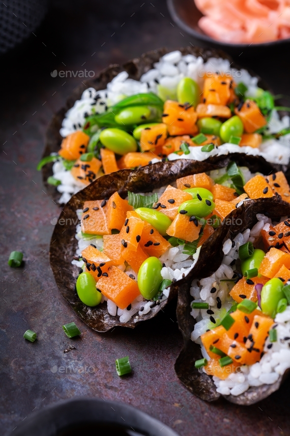 Vegan Sushi Tacos with Plant based salmon, wakame and edamame