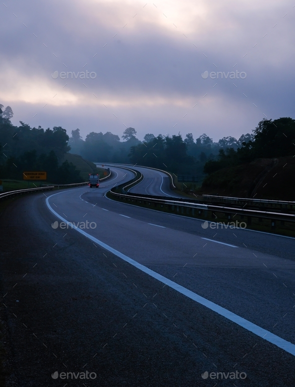 Highway view during dawn at East Coast Expressway, Kuantan, Pahang, Malaysia.