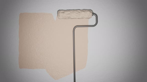 Roller paints the wall with beige paint. alt