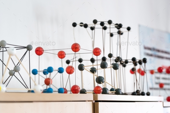 Chemistry room. Mockups of molecules stand on the cabinet