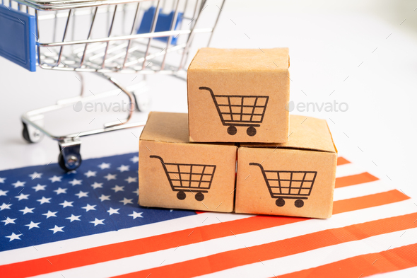 Box with shopping cart logo and USA America flag, Import Export Shopping online