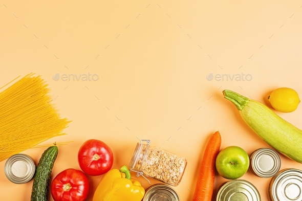 Flat lay of food for donations during coronavirus. Mockup for social assistance organizations