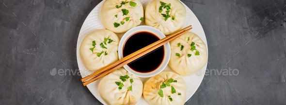 Horizontal long banner for web design with Chinese steamed dumplings baozi, soy sauce, chopsticks