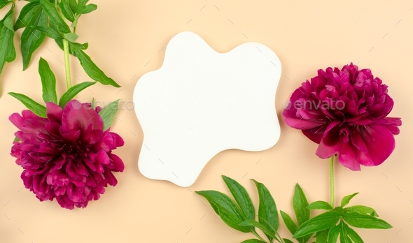 White podium for advertising products against peach-colored background with peony flowers