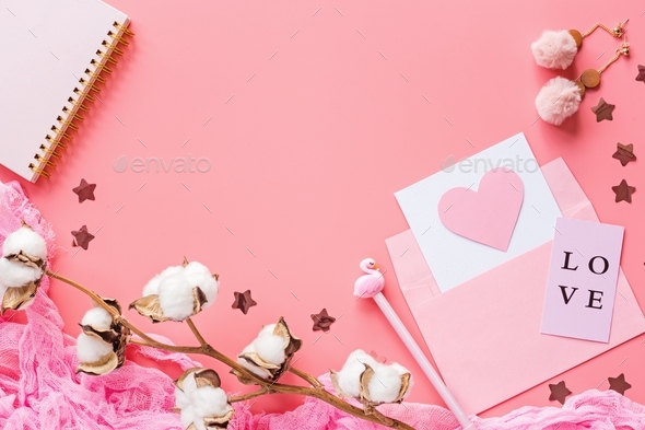 Pink envelope greeting card postal mail heart background mockup flat lay top view overhead nobody