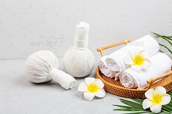 Spa Massage Aromatherapy Body Care Background Spa Herbal Balls Cosmetics Towel And Tropical 0820