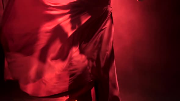 Dancer in the Rhythm of the Music Develops the Skirt. Llight From Behind. Smoke Background. Close Up alt