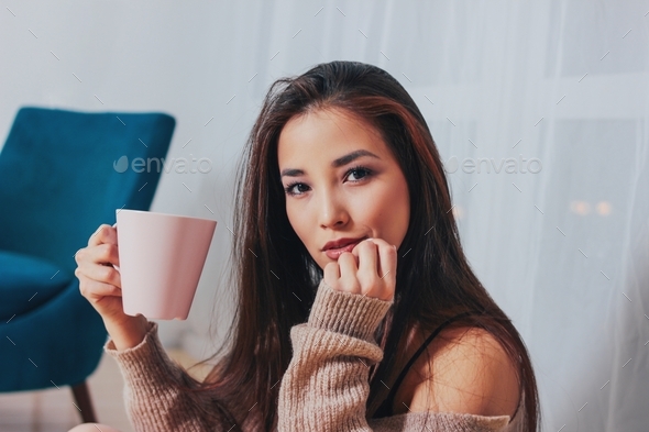 Candid Portrait Of Sensitive Beautiful Brunette Long Hair Smiling Asian Girl Young Woman In Cozy 