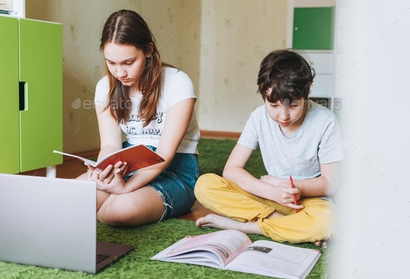 Siblings brother sister attractive girl teenager and tween boy do homework learn foreign language