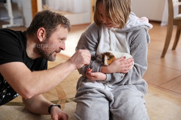 Dad and daughter play with pet guinea pig