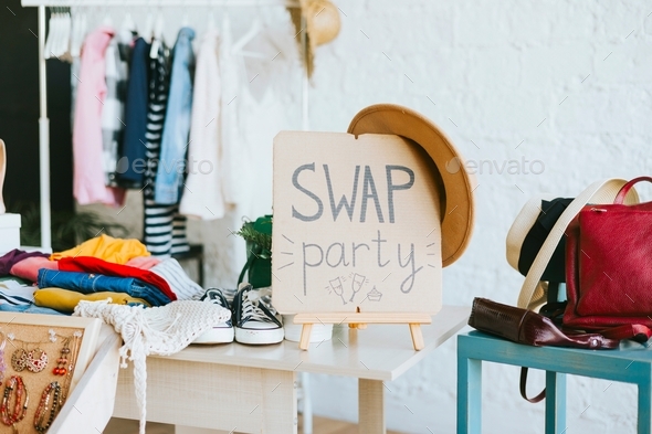 swap party for try on clothes, bags, shoes and accessories, friends change clothes, second hand and