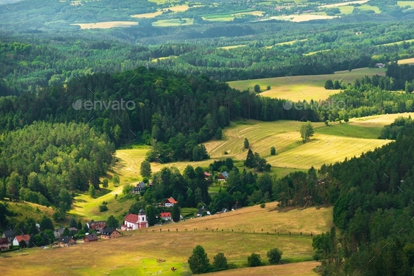 View from mountain to Jetrichovice, Bohemian Switzerland, Czech Republic - Stock Photo - Images
