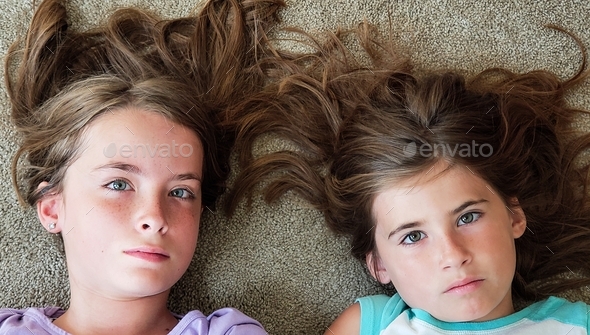 Two bored sisters laying down on the carpet wondering why models on monochrome is even a thing....