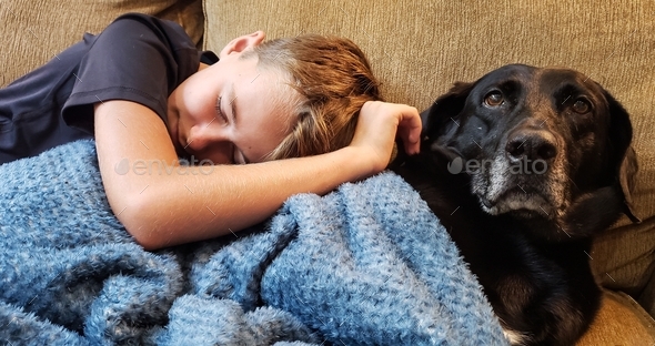 Dog wakes from nap while Gen z kid continues napping on couch.