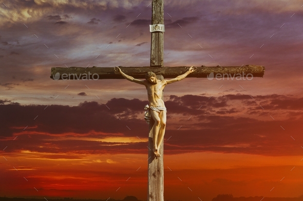 Jesus christ on cross over sunrise he is risen victory in easter day