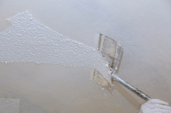 Home ceiling drywall demolition popcorn ceiling texture unfinished renovated