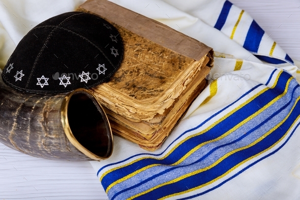 Tallit and Shofar horn jewish religious symbol Prayer Shawl